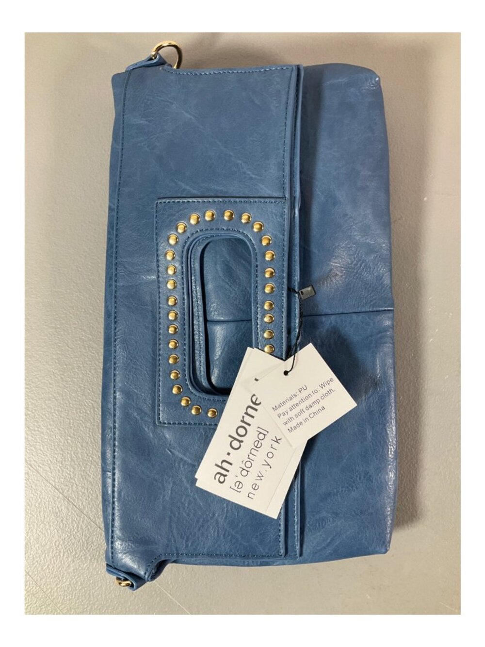 Adorned Denim Blue Faux Leather Clutch - Studded Handle, Foldover Design